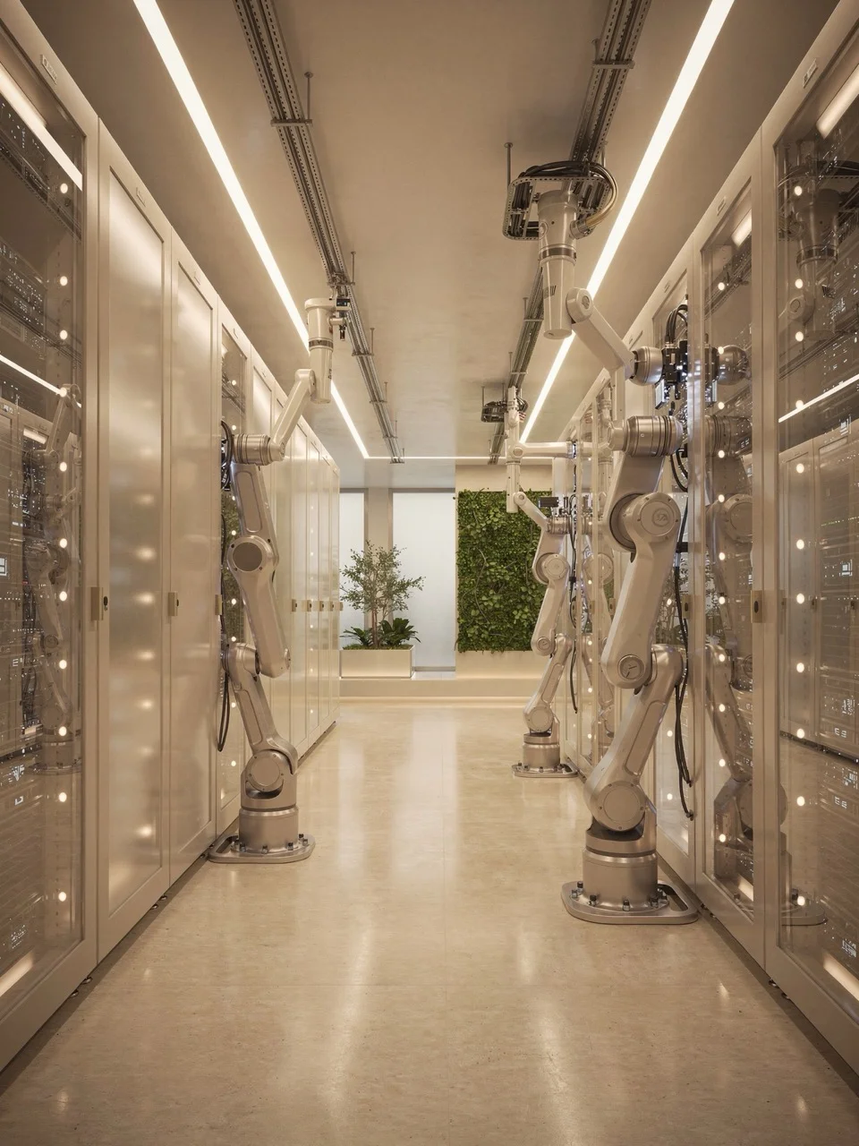 Robotic arms operating in a datacenter aisle — a metaphor for automation that acts, observes, and adjusts