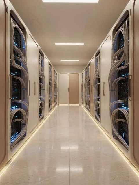 A datacenter corridor — a metaphor for production constraints and operational discipline