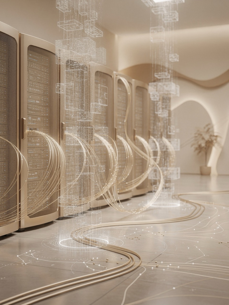 Modern server room with holographic data flows representing identity and infrastructure as the backbone of cloud governance