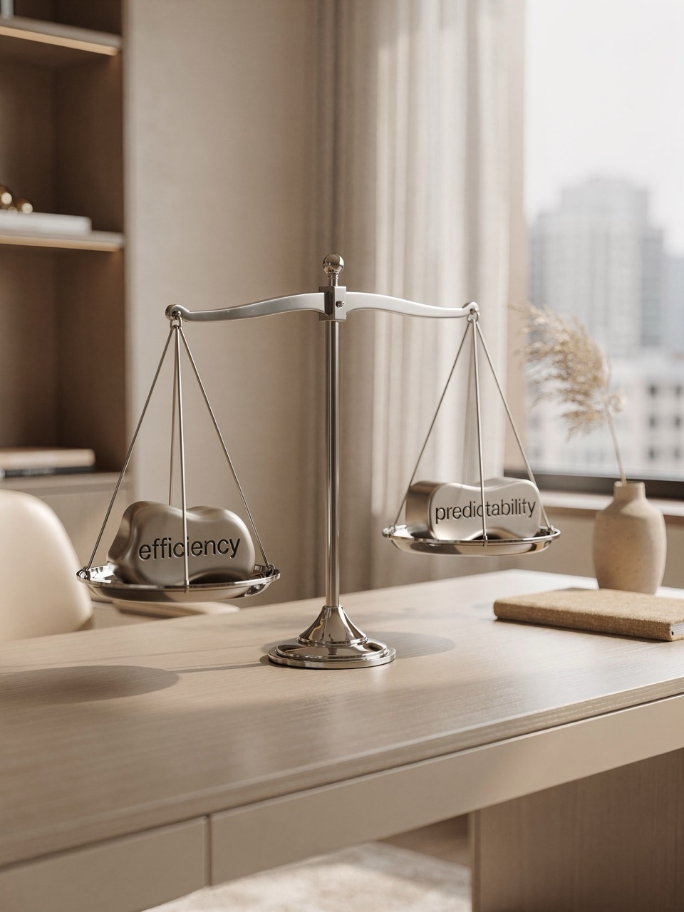 Balance scale weighing efficiency against predictability — the core tension in enterprise FinOps