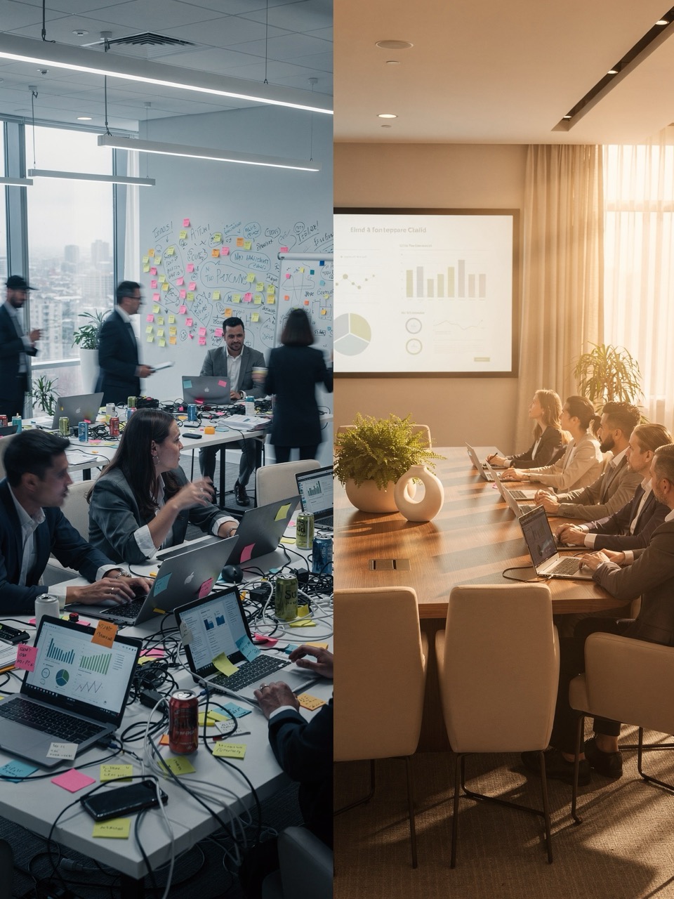 Split-screen comparison of a fast-paced startup workspace and a structured enterprise boardroom — representing two FinOps realities