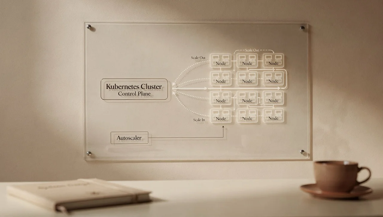 Diagram showing a Kubernetes cluster scaling out and scaling in