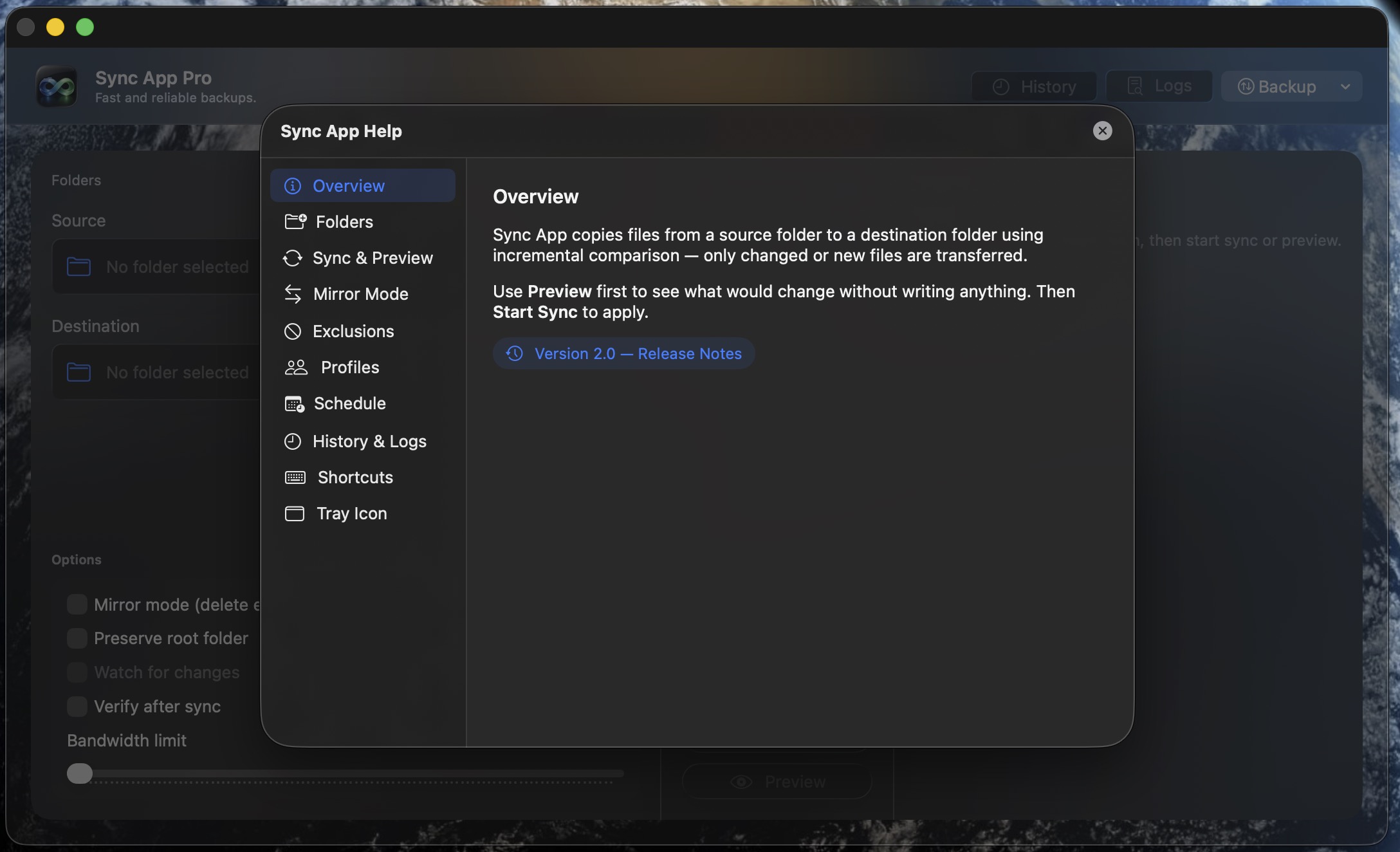 Sync App Pro Help window with sidebar navigation covering Folders, Sync, Mirror Mode, Exclusions, Profiles, Schedule, and Shortcuts