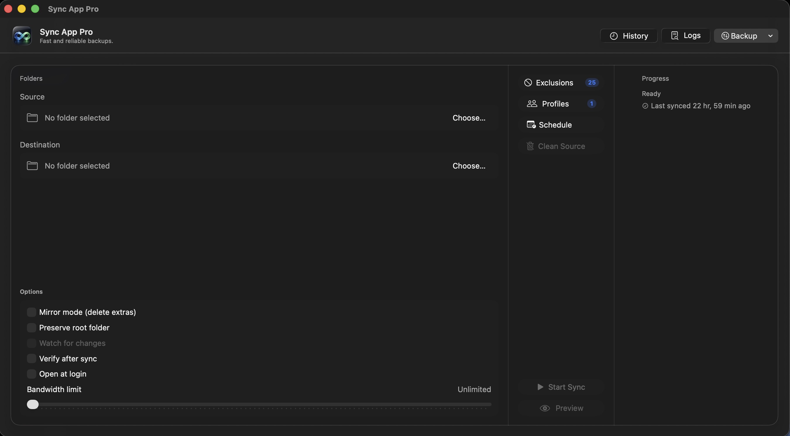 Sync App Pro main window with folder pickers and sync controls