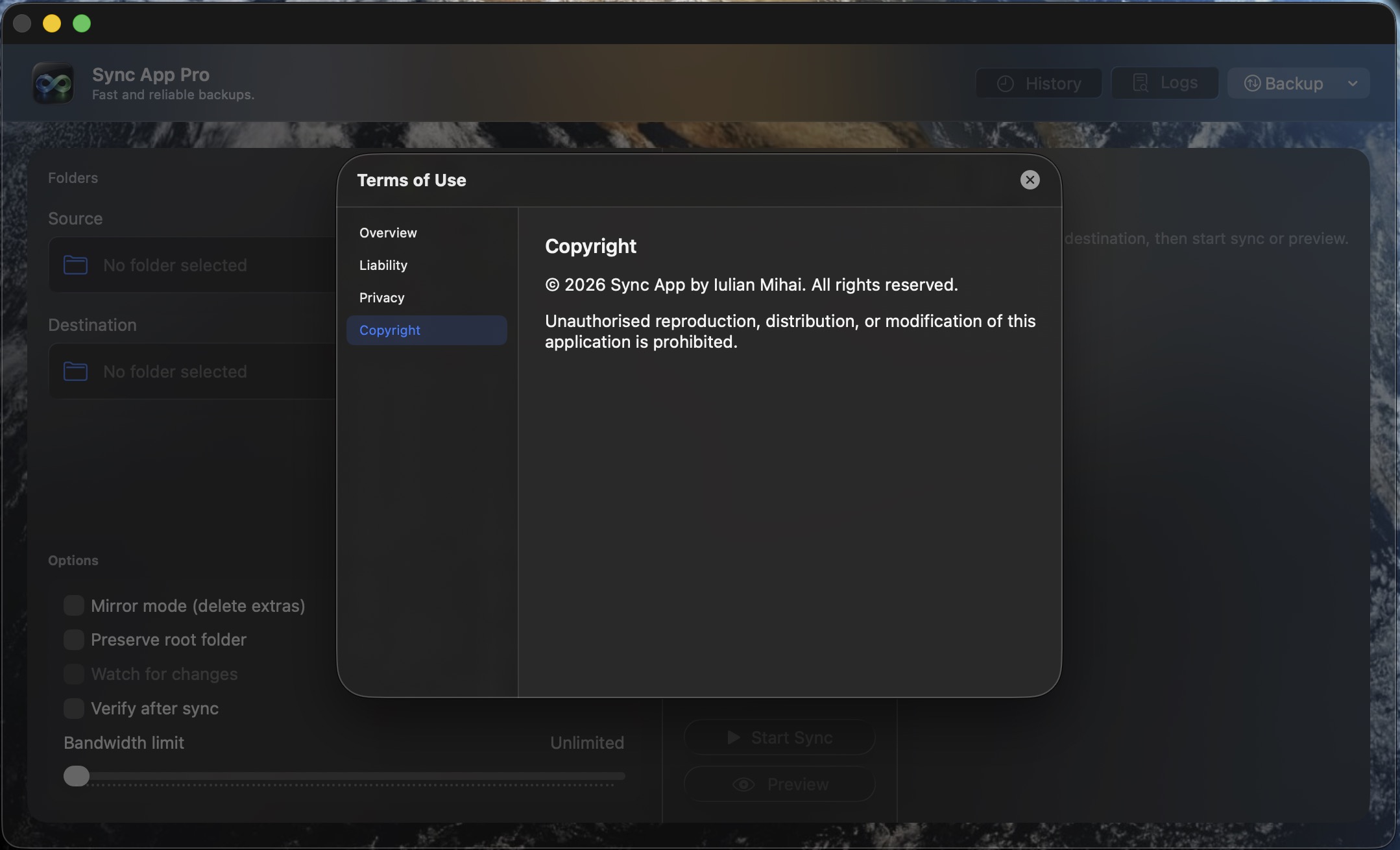 Sync App Pro Terms of Use window with Liquid Glass styling showing Overview, Liability, Privacy, and Copyright