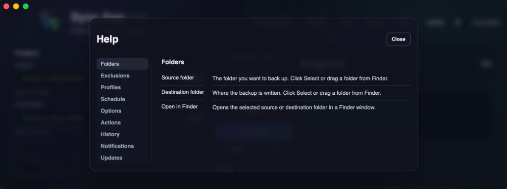 Sync App v3.0 redesigned Help window with two-column sidebar navigation