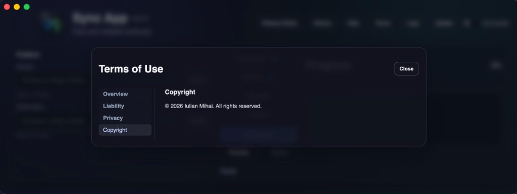Sync App v3.0 Terms of Use window with sidebar layout showing Overview, Liability, Privacy, and Copyright